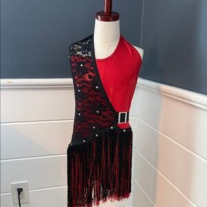 Red and Black Lace Fringe dance costume